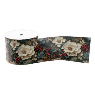 Christmas Floral with White Flowers & Greenery Grosgrain Ribbon