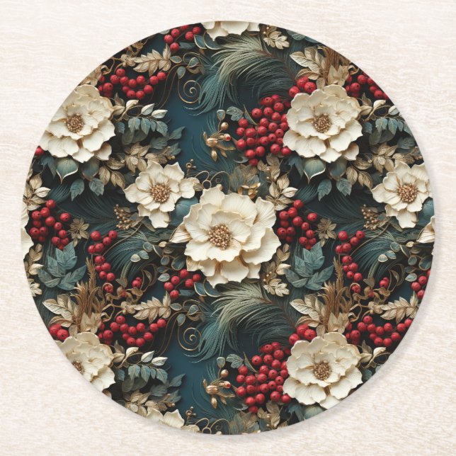 Christmas Floral with White Flowers & Greenery Round Paper Coaster (Front)