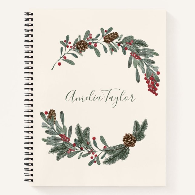 Christmas Floral Wreath Personalised Script Name Notebook (Front)