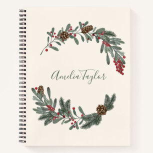 Christmas Floral Wreath Personalized Script Name Notebook