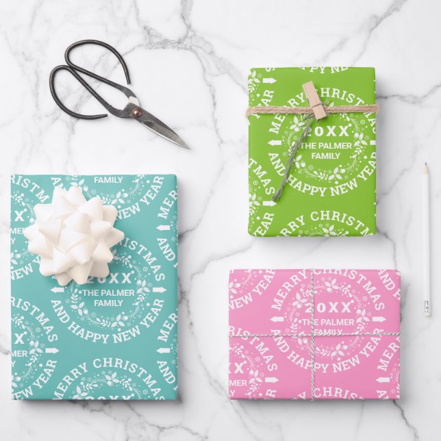 Christmas floral wreath teal, lime green, pink wrapping paper sheet (Front)