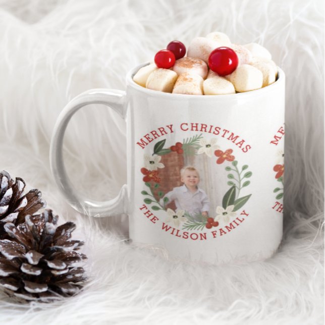 Christmas floral wreath three photo holiday coffee mug (Creator Uploaded)