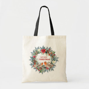 Christmas floral wreath with robin love birds tote bag