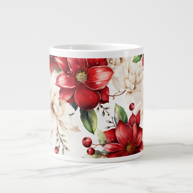 Christmas Flower Poinsettia Red Green Pattern Large Coffee Mug (Front)
