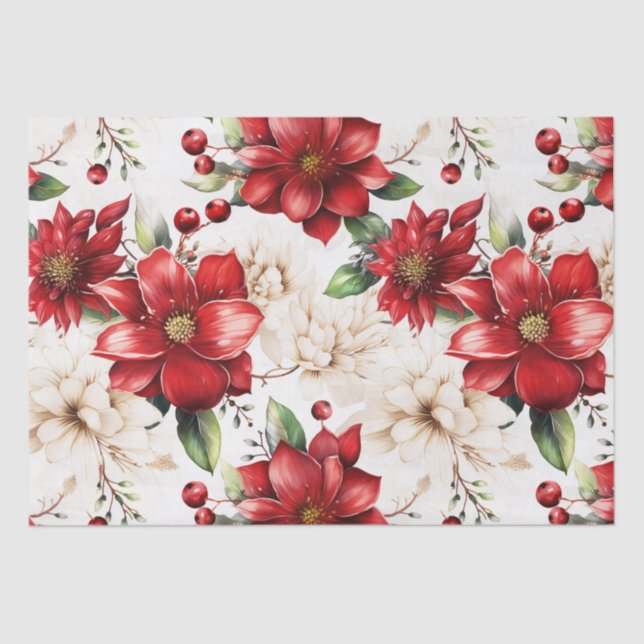 Christmas Flower Poinsettia Red Green Pattern Tissue Paper (Front)
