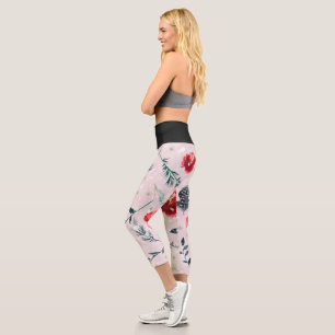 Christmas Flowers Leaves Boho Pattern Capri Leggings