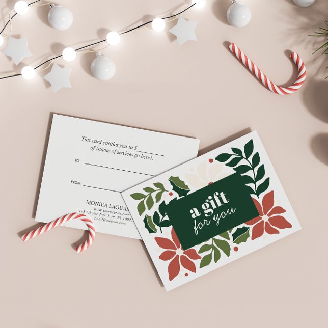 CHRISTMAS FLOWERS RED GREEN CREAM SPECIAL (Elegant Gift Card CHristmas-themed for beauty, retail, fashion or any business. editable color )