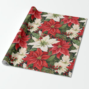 Christmas Flowers Red White Wrapping Paper