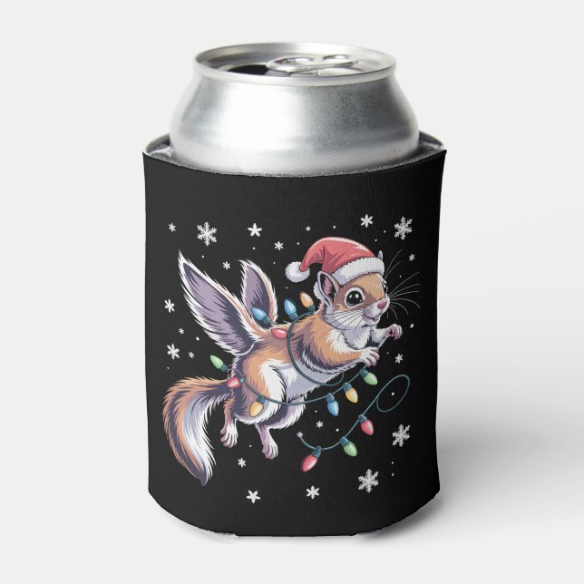 Christmas Flying Squirrel Santa Hat Lights Xmas Can Cooler (Can Front)