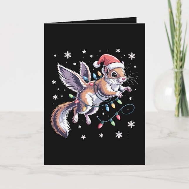 Christmas Flying Squirrel Santa Hat Lights Xmas Card (Front)