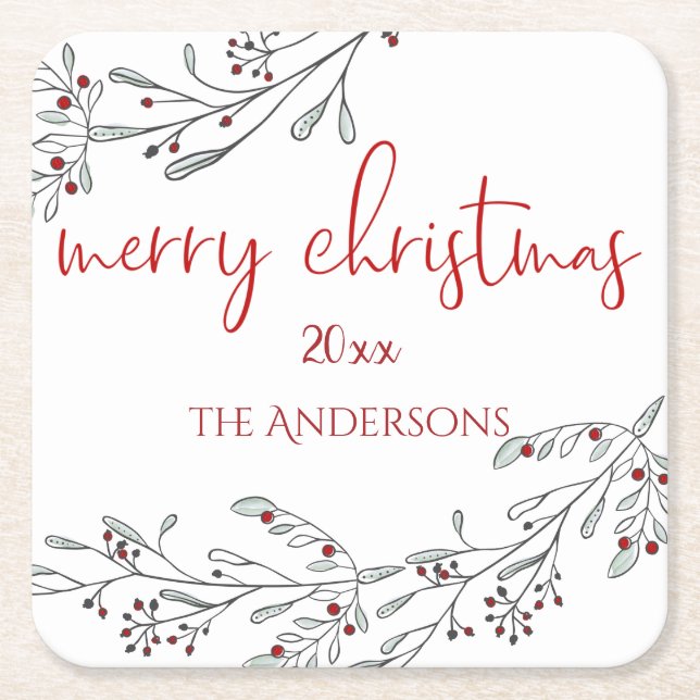 Christmas Foliage and Berries Square Paper Coaster (Front)