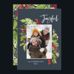 Christmas foliage blue traditional rustic photo holiday card<br><div class="desc">Happy holiday navy blue Christmas photo holiday card. Beautiful watercolour painted foliage and modern script text. Part of a collection.</div>