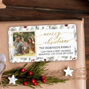 Christmas Foliage Gold Script Photo Return Address Label