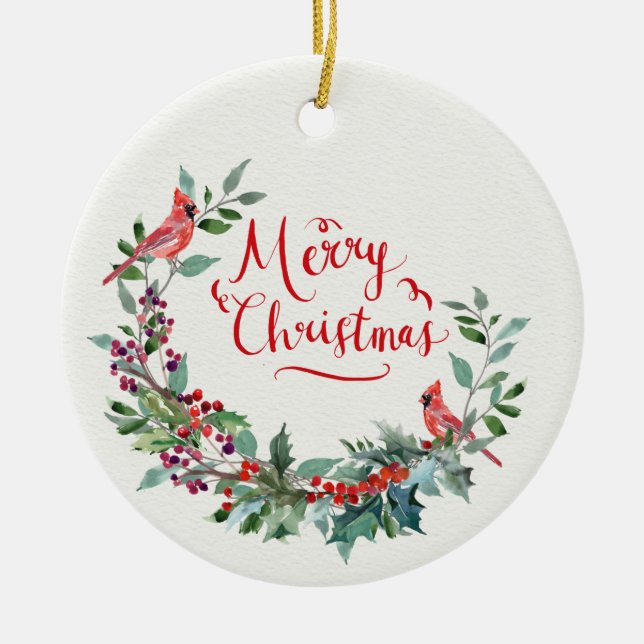 Christmas foliage, holly, cardinal ceramic tree decoration (Front)