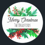 Christmas Foliage | Merry Christmas Personalised Classic Round Sticker<br><div class="desc">Pretty watercolor Christmas pine branches and berries and foliage,  personalised holiday stickers. Just add your last name in the personalise area.</div>