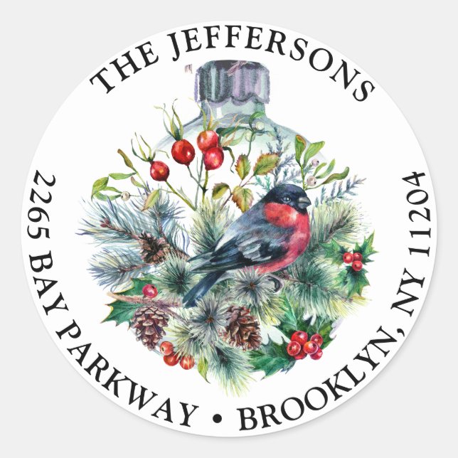 Christmas Foliage & Red Bird Return Address Classic Round Sticker (Front)