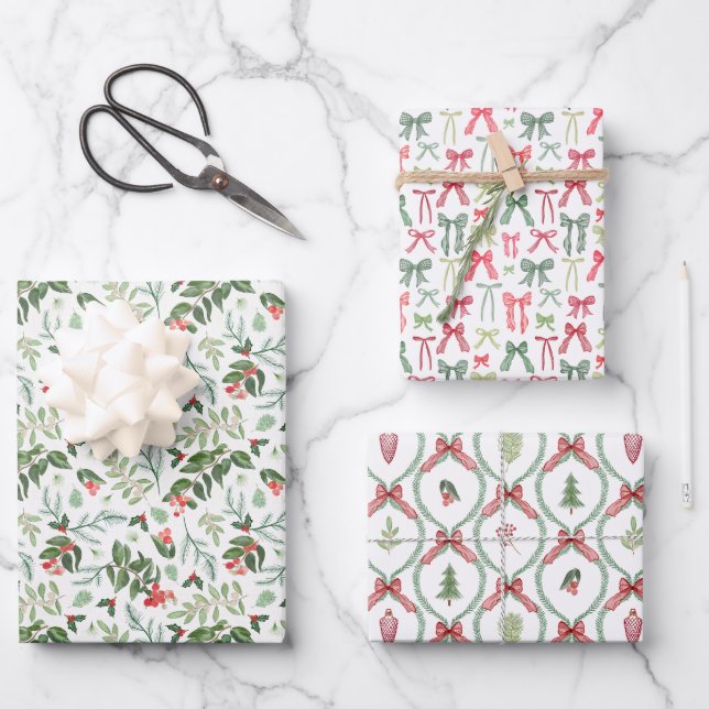 Christmas foliage trellis and bows in red & green wrapping paper sheet (Front)