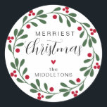 Christmas Foliage Wreath Personalised Classic Round Sticker<br><div class="desc">Christmas wreath with hand calligraphy "Christmas" with the family name". Email me @ JMR_Designs@yahoo.com if you need assistance or have any special request.</div>