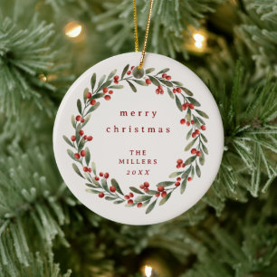 Christmas foliage wreath with red bow  ceramic tree decoration
