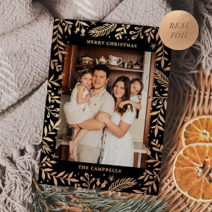 Christmas Folk Floral Photo Black & Rose Gold