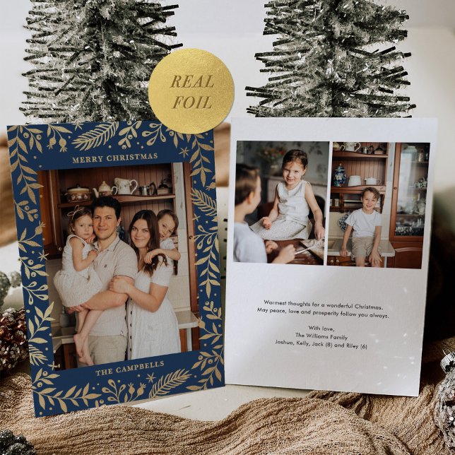 Christmas Folk Floral Photo Navy Blue Gold (Creator Uploaded)