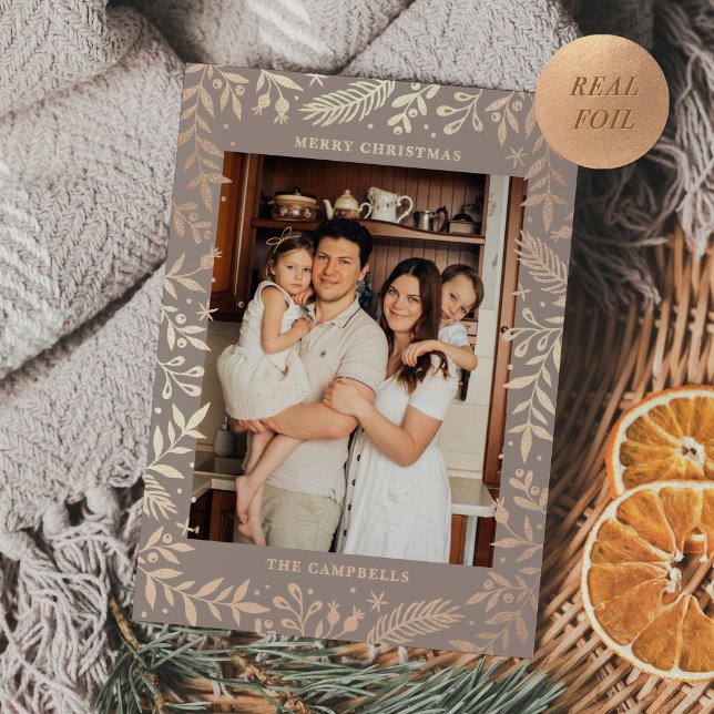 Christmas Folk Floral Photo Taupe Rose Gold (Creator Uploaded)