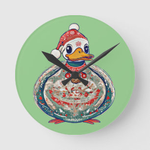 Christmas Folklore Duck Wearing A Santa Hat Round Clock