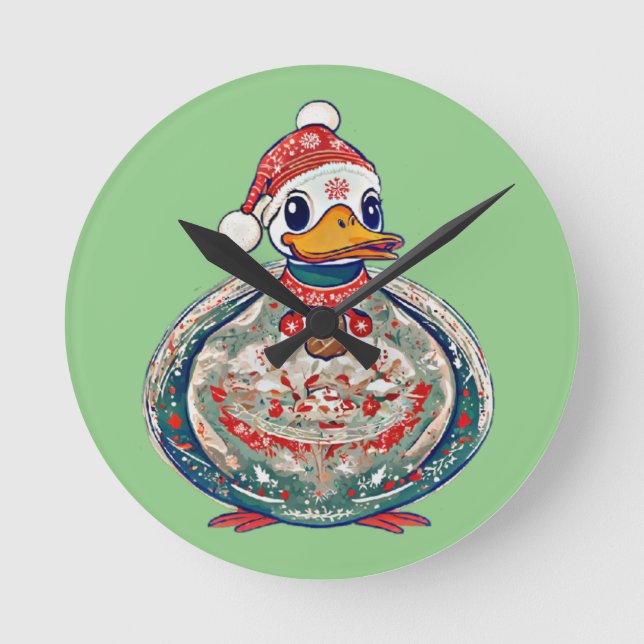 Christmas Folklore Duck Wearing A Santa Hat Round Clock (Front)