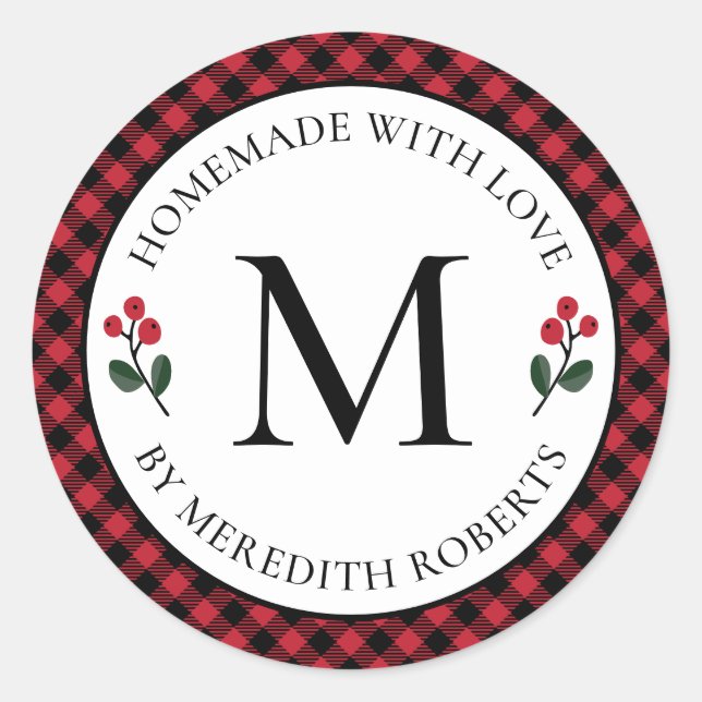 Christmas Food Gift Red Buffalo Plaid Monogram Classic Round Sticker (Front)