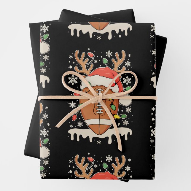 Christmas Football Santa Hat Reindeer Xmas Lights Wrapping Paper Sheet (In situ)