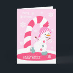 Christmas for Great Niece Ice Skating Snowman Holiday Card<br><div class="desc">Send a special great niece a fun and festive pink Christmas card featuring a happy ice skating snowman with a colourful candy cane and snowflakes on a light pink background. Snowman courtesy of Pretty Grafik.</div>