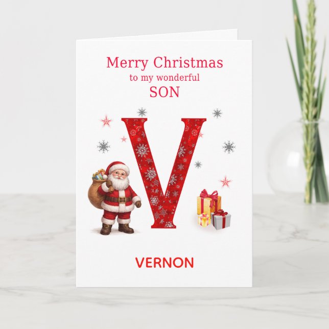 Christmas For Son Add A Name Beginning with V Holiday Card (Front)