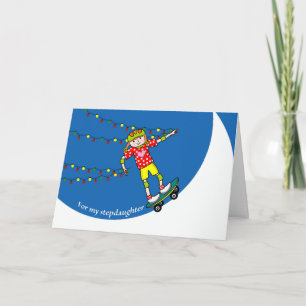 Christmas for Stepdaughter, Skateboarder & Lights Holiday Card