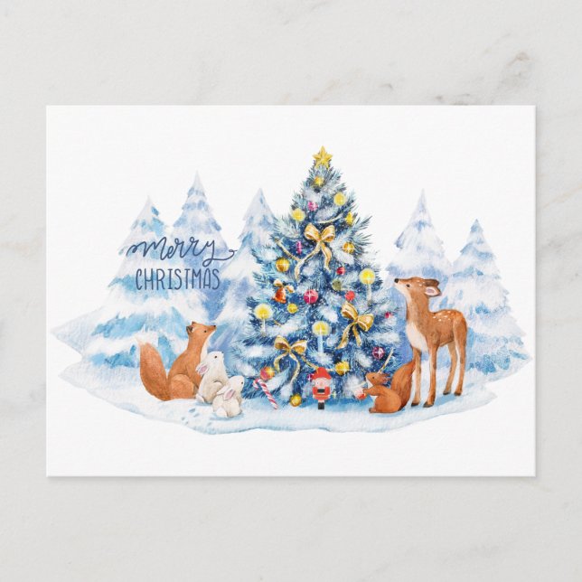 Christmas Forest and Woodland Animals Holiday Postcard (Front)