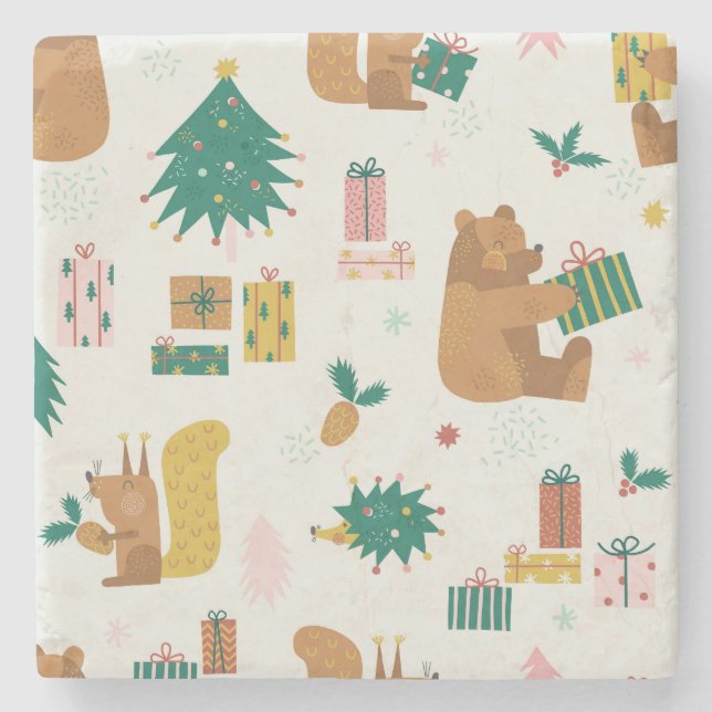 Christmas Forest Animals: Vintage Vibe Stone Coaster (Front)