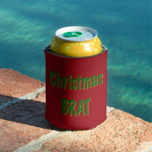 Christmas Forest Green Gold Brat On Crimson Red Can Cooler