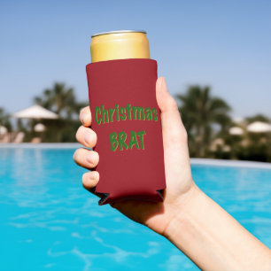Christmas Forest Green Gold Brat On Crimson Red Seltzer Can Cooler