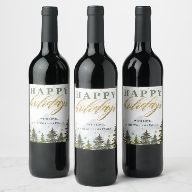 Christmas Forest Mountains Happy Holidays Wine Label (Bottles)