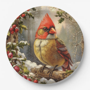 Christmas Forest with Holly Berry, Bird, Winter Paper Plate