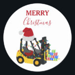 Christmas Forklift Truck  Classic Round Sticker<br><div class="desc">A cute illustration of a yellow forklift truck wearing a Santa hat and decorated in Christmas lights with words "Merry Christmas". The festive forklift is carrying Christmas gifts and presents. Perfect for transportation trucks lovers of all ages. An ideal Christmas design for forklift truck enthusiasts big or small, girls or...</div>