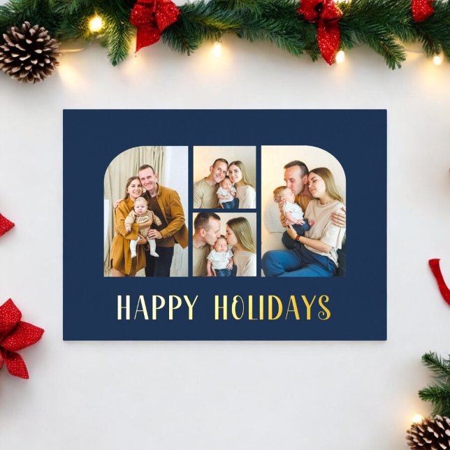 Christmas four family  photo minimlist  green  (real foil overlay christmas card saying happy holidays , fully editable xmas card)