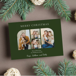 Christmas four family  photo minimlist  green  holiday card