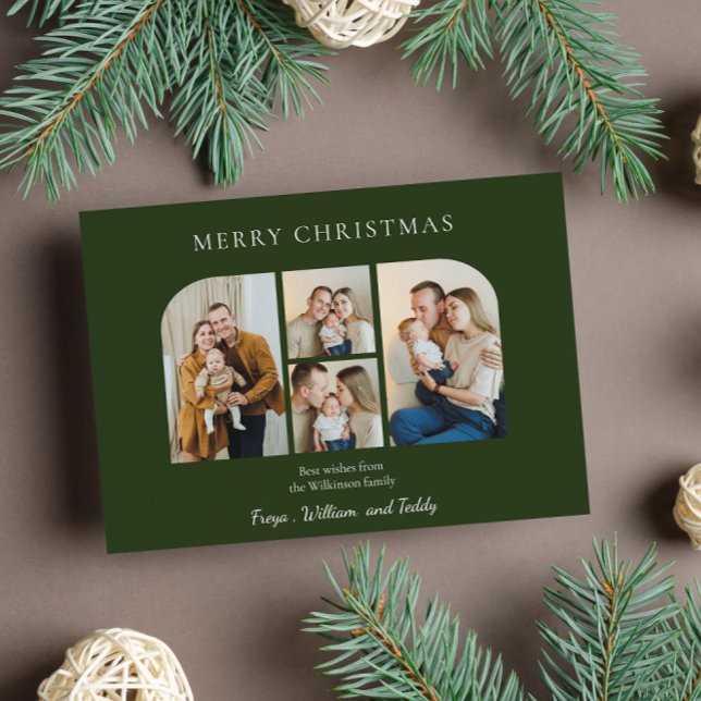 Christmas four family  photo minimlist  green  holiday card (Creator Uploaded)