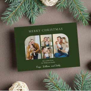 Christmas four family  photo minimlist  green  holiday card