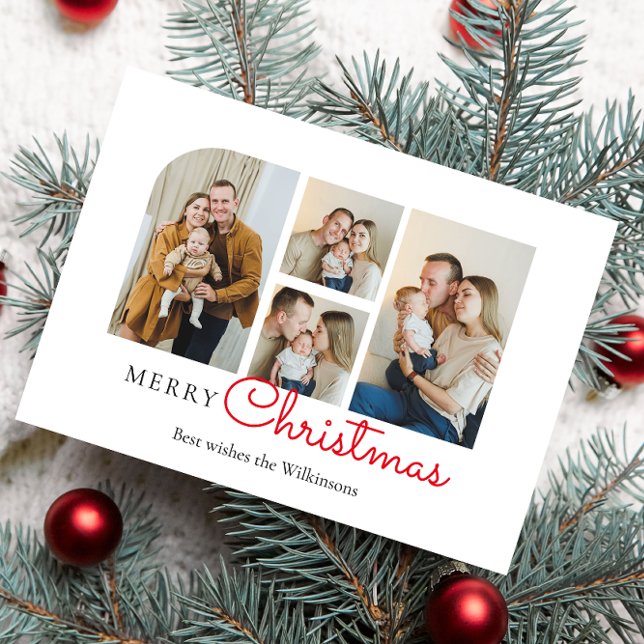 Christmas four photo collage modern minimal holiday card (modern minimalistic christmas card , family photo , simple elegant 4 photo collage )