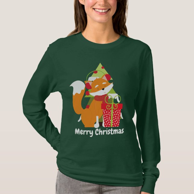 Christmas Fox and tree add message womens t-shirt (Front)