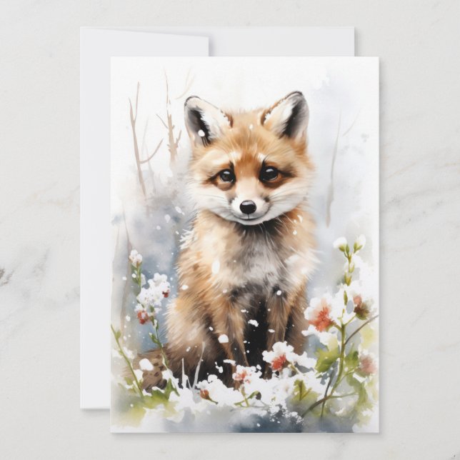 Christmas Fox Art Flat Holiday Card (Front)