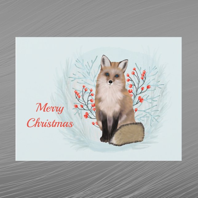 Christmas Fox Berries Watercolor Holiday Postcard (Creator Uploaded)