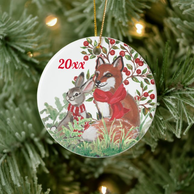 Christmas Fox Bunny Rabbit Botanical Red Berry Ceramic Tree Decoration (Tree)