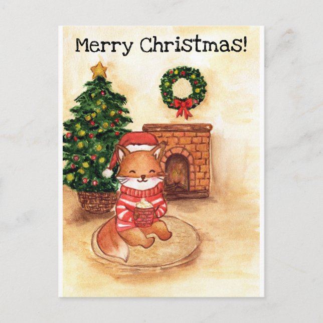 Christmas fox by the fireplace holiday postcard (Front)